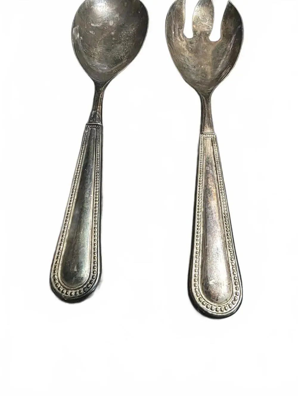 Vintage Godinger Silver Plated Salad Serving Set Spoon Fork Beaded Flutes Pearls